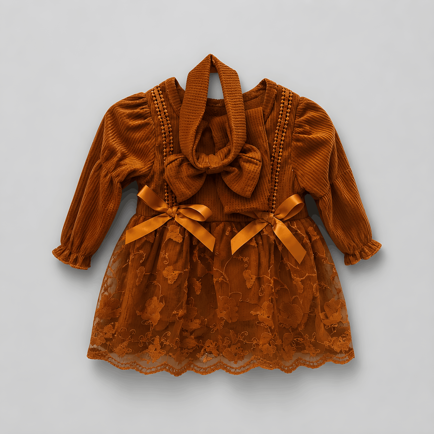 Vintage Lace Bow Dress – Rust Brown 3-6mnths